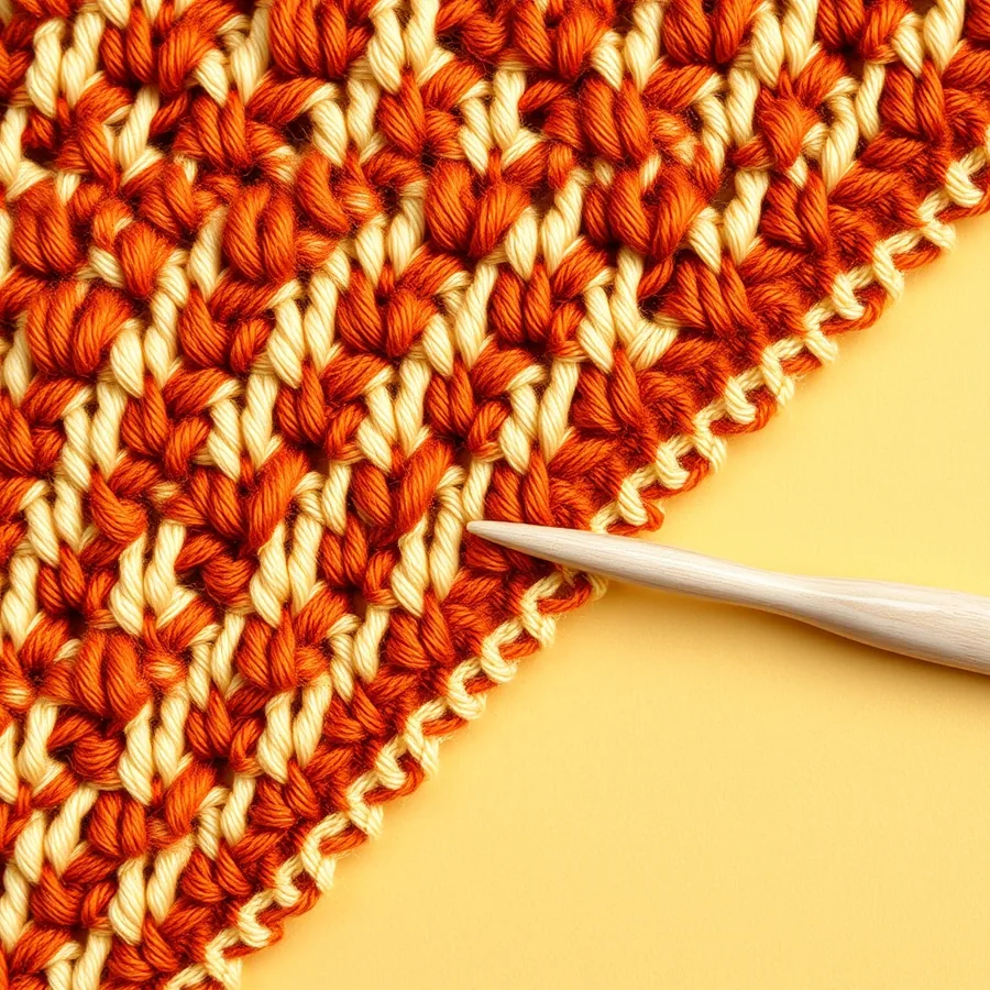 Close-up of double crochet stitches worked in cream cotton with a wooden hook resting on them