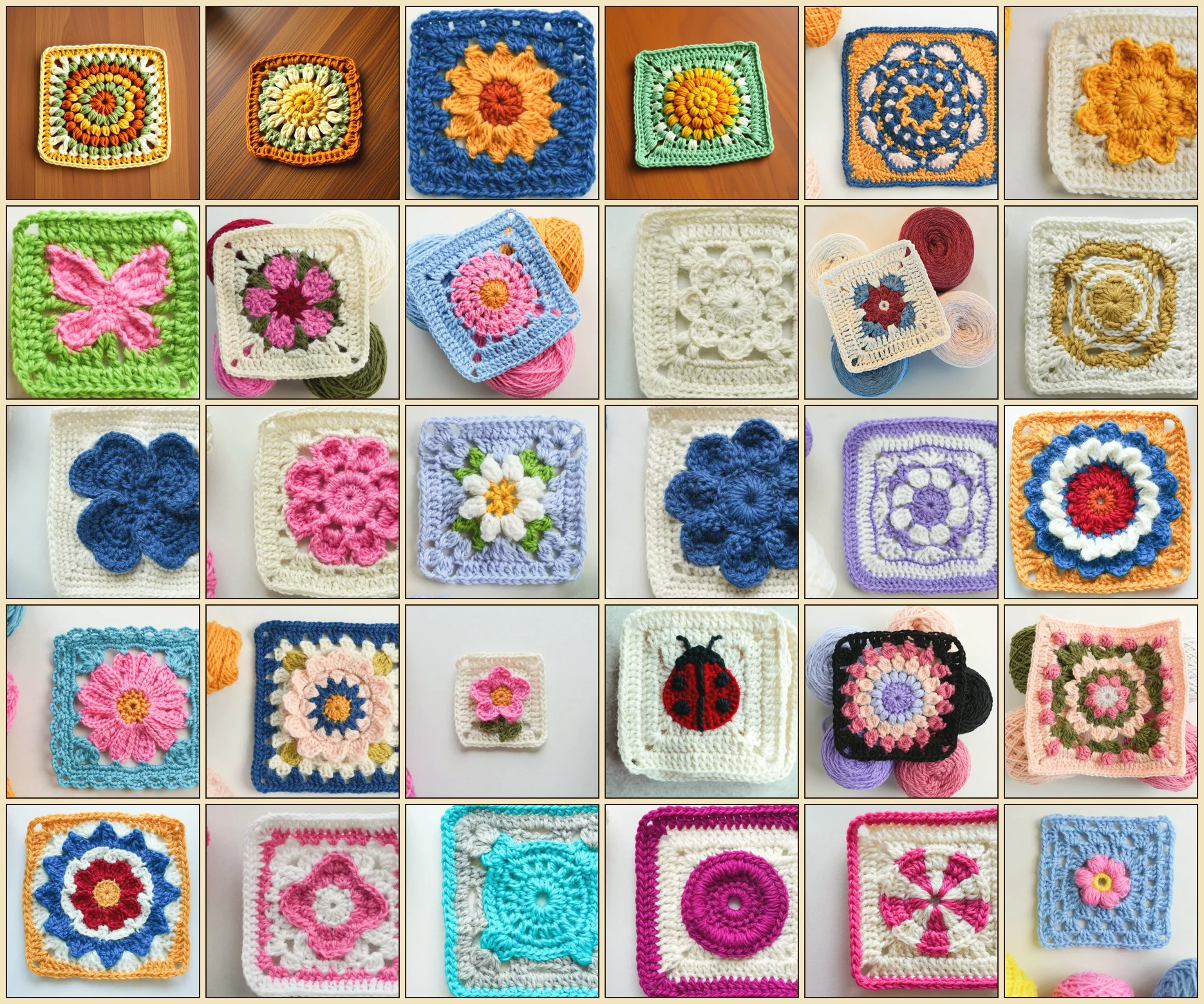 A display case of crocheted granny squares — sunbursts, daisies, ladybirds and classic clusters in every colour, each one a free pattern on this site